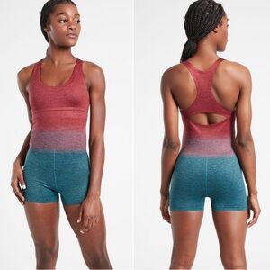 Athleta Relay Red Blue Ombré Racerback Bodysuit Large L Running Biker Shorts